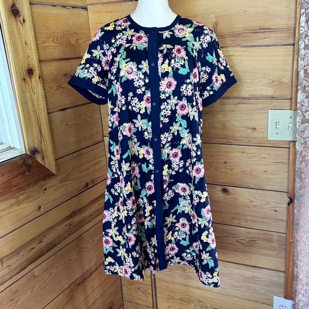 Vintage House Dress Duster Women Medium Navy Blue Floral Snap Front Robe Guier
